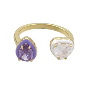 Copper Rings Pave Zircon Teardrop Heart Enamel Gold Plated, approx 8.5mm, 7.5-9mm, 18mm dia