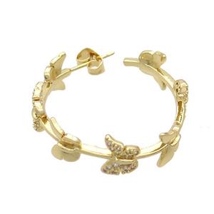 Copper Stud Earrings Pave Zircon Butterfly Gold Plated, approx 9.5mm, 30mm