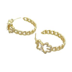 Copper Stud Earrings Pave Zircon Gold Plated, approx 13mm, 33mm