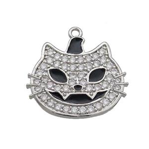 Copper Halloween Cat Charms Pendant Pave Zircon Black Enamel Platinum Plated, approx 17-20mm