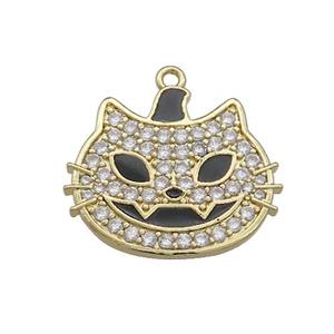 Copper Halloween Cat Charms Pendant Pave Zircon Black Enamel Gold Plated, approx 17-20mm