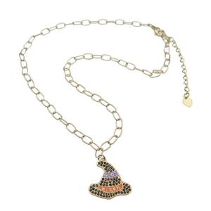 Copper Necklace With Halloween Witch Hat Charms Pave Zircon Gold Plated, approx 21mm, 4-7mm, 40-45cm length