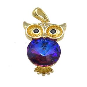 Copper Owl Charms Pendant Pave Crystal Glass Gold Plated, approx 16-22mm