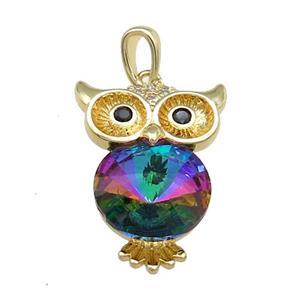 Copper Owl Charms Pendant Pave Crystal Glass Gold Plated, approx 16-22mm