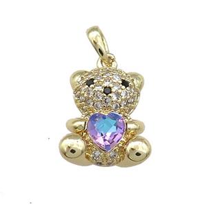 Copper Bear Pendant Pave Zircon Crystal Glass Gold Plated, approx 12-14mm