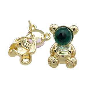 Copper Bear Stud Earrings Pave Zircon Crystal Glass Gold Plated, approx 13.5-20mm