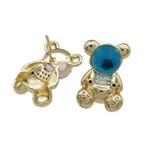 Copper Bear Stud Earrings Pave Zircon Crystal Glass Gold Plated, approx 13.5-20mm