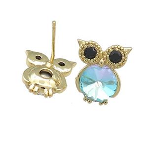 Copper Owl Stud Earrings Pave Crystal Glass Zircon Gold Plated, approx 10-14mm