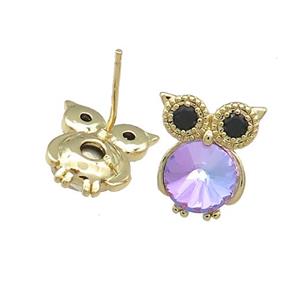 Copper Owl Stud Earrings Pave Crystal Glass Zircon Gold Plated, approx 10-14mm