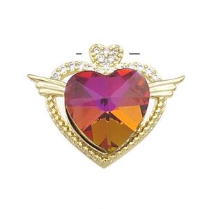 Copper Heart Pendant Pave Crystal Glass Zircon Angel Wings Gold Plated, approx 14mm, 21-25mm