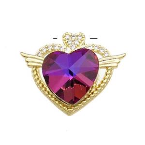 Copper Heart Pendant Pave Crystal Glass Zircon Angel Wings Gold Plated, approx 14mm, 21-25mm