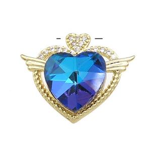 Copper Heart Pendant Pave Crystal Glass Zircon Angel Wings Gold Plated, approx 14mm, 21-25mm
