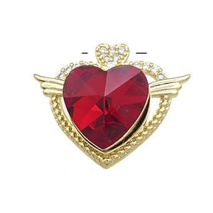 Copper Heart Pendant Pave Crystal Glass Zircon Angel Wings Gold Plated, approx 14mm, 21-25mm