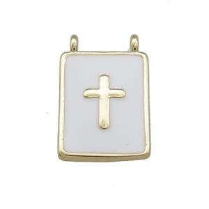 Copper Rectangle Pendant White Enamel Cross 2loops Gold Plated, approx 12-18mm