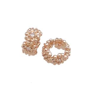 Copper Rondelle Beads Pave Zircon Large Hole Rose Gold, approx 6mm