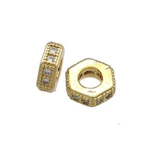 Copper Hexagon Beads Pave Zircon Gold Plated, approx 10mm