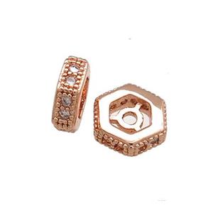 Copper Hexagon Beads Pave Zircon Rose Gold, approx 6mm