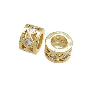 Copper Tube Beads Pave Zircon Large Hole Gold Plated, approx 10mm