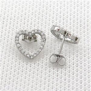 Copper Stud Earrings Pave Zircon Heart Platinum Plated, approx 11mm