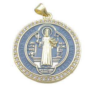 Copper Jesus Pendant Pave Zircon Religious Medal Charms GrayBlue Painted Circle Gold Plated, approx 27mm