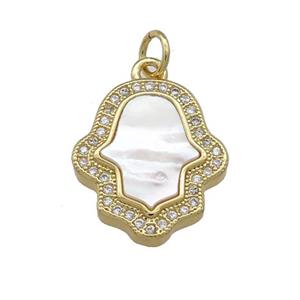 Copper Hamsahand Pendant Pave Shell Zircon 18K Gold Plated, approx 15-18mm