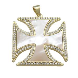 Copper Cross Pendant Pave Shell Zircon 18K Gold Plated, approx 28mm