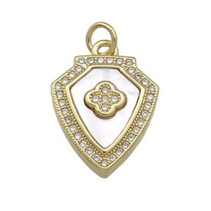 Copper Shield Clover Pendant Pave Shell Zircon 18K Gold Plated, approx 15-18mm