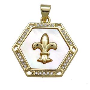 Copper Hexagon Pendant Pave Shell Zircon Fleur De Lis 18K Gold Plated, approx 22mm