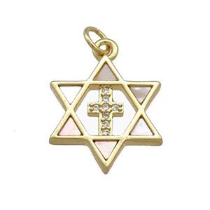 David Star Copper Pendant Pave Shell Zircon Cross 18K Gold Plated, approx 18mm