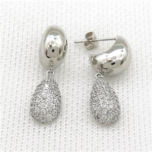 Copper Stud Earrings Teardrop Pave Zircon Platinum Plated, approx 8-14mm, 11-13mm