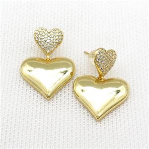 Copper Heart Stud Earrings Pave Zircon Gold Plated, approx 11mm, 20mm