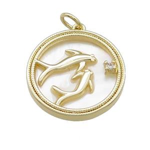 Dolphins Charms Copper Circle Pendant Pave Shell Gold Plated, approx 18mm