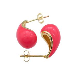 Copper Teardrop Stud Earrings Red Enamel Gold Plated, approx 10-18mm