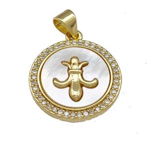 Copper Circle Pendant Pave Shell Zirconia Fleur De Lis 18K Gold Plated, approx 18mm