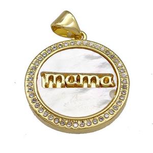 Copper Circle Pendant Pave Shell Zirconia MOM 18K Gold Plated, approx 19.5mm