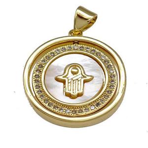 Copper Circle Pendant Pave Shell Zirconia Hamsahand 18K Gold Plated, approx 20mm