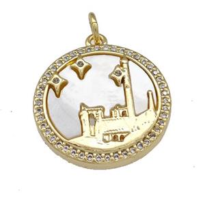 Castle Chams Copper Circle Pendant Pave Shell Zirconia 18K Gold Plated, approx 19mm