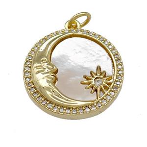 Moon Charms Copper Circle Pendant Micro Pave Shell Zirconia 18K Gold Plated, approx 18mm