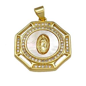 Virgin Mary Copper Pendant Pave Shell Zirconia Polygon 18K Gold Plated, approx 20mm