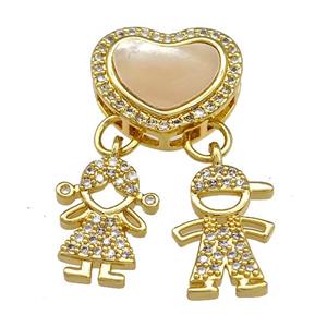 Copper Kids Pendant Pave Shell Zircon Heart 18K Gold Plated, approx 10-13mm, 15mm