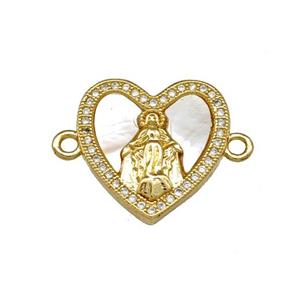 Virgin Mary Copper Heart Connector Pave Shell Zirconia 18K Gold Plated, approx 18mm