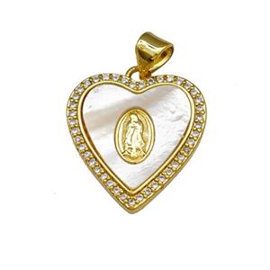 Jesus Charms Copper Heart Pendant Pave Shell Zirconia 18K Gold Plated, approx 18mm