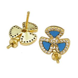 Copper Stud Earrings Pave Shell Zirconia With Bail Clover 18K Gold Plated, approx 12mm