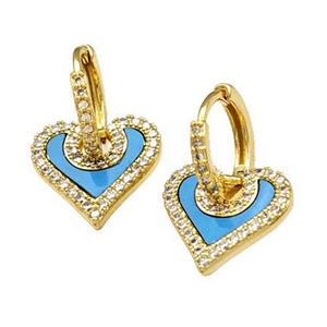 Copper Hoop Earrings Pave Shell Zirconia Heart 18K Gold Plated, approx 15mm, 14mm dia