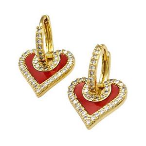 Copper Hoop Earrings Pave Shell Zirconia Heart 18K Gold Plated, approx 15mm, 14mm dia