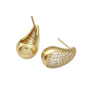 Copper Stud Earrings Micro Pave Zirconia Teardrop Hollow Gold Plated, approx 12-20mm