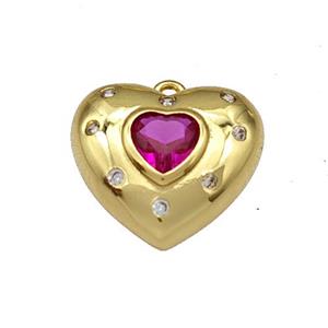 Copper Heart Pendant Micro Pave Fuchsia Zirconia Gold Plated, approx 14mm