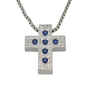 Copper Cross Necklace Micro Pave Zirconia Platinum Plated, approx 22-28mm, 2mm, 40-45cm length