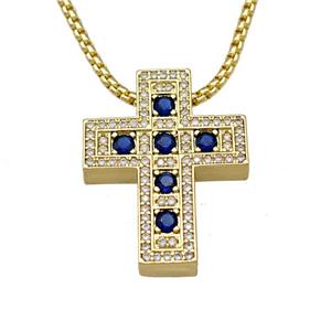 Copper Cross Necklace Micro Pave Zirconia Gold Plated, approx 22-28mm, 2mm, 40-45cm length