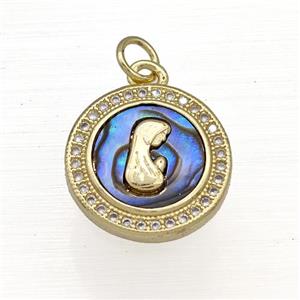 Copper Circle Pendant Pave Abalone Shell Zircon Virgin Mary 18K Gold Plated, approx 15.5mm